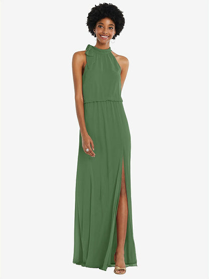 【STYLE: 1562】Scarf Tie High Neck Blouson Bodice Maxi Dress with Front Slit【COLOR: Vineyard Green】