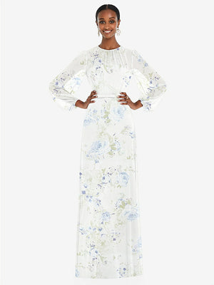 【NEW】【STYLE: 3098】ストラップレス シフォン マキシ ドレス パフ付き スリーブ ブルーソン オーバーレイ 【COLOR: Bleu Garden】【SIZE: 00-30W】