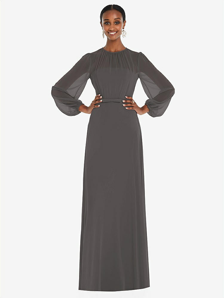 【STYLE: 3098】Strapless Chiffon Maxi Dress with Puff Sleeve Blouson Overlay 【COLOR: Caviar Gray】