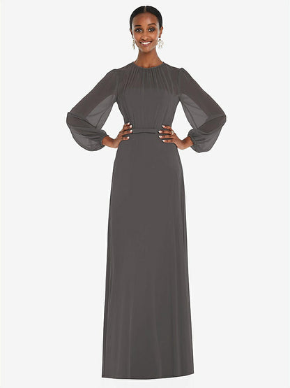 【STYLE: 3098】Strapless Chiffon Maxi Dress with Puff Sleeve Blouson Overlay 【COLOR: Caviar Gray】
