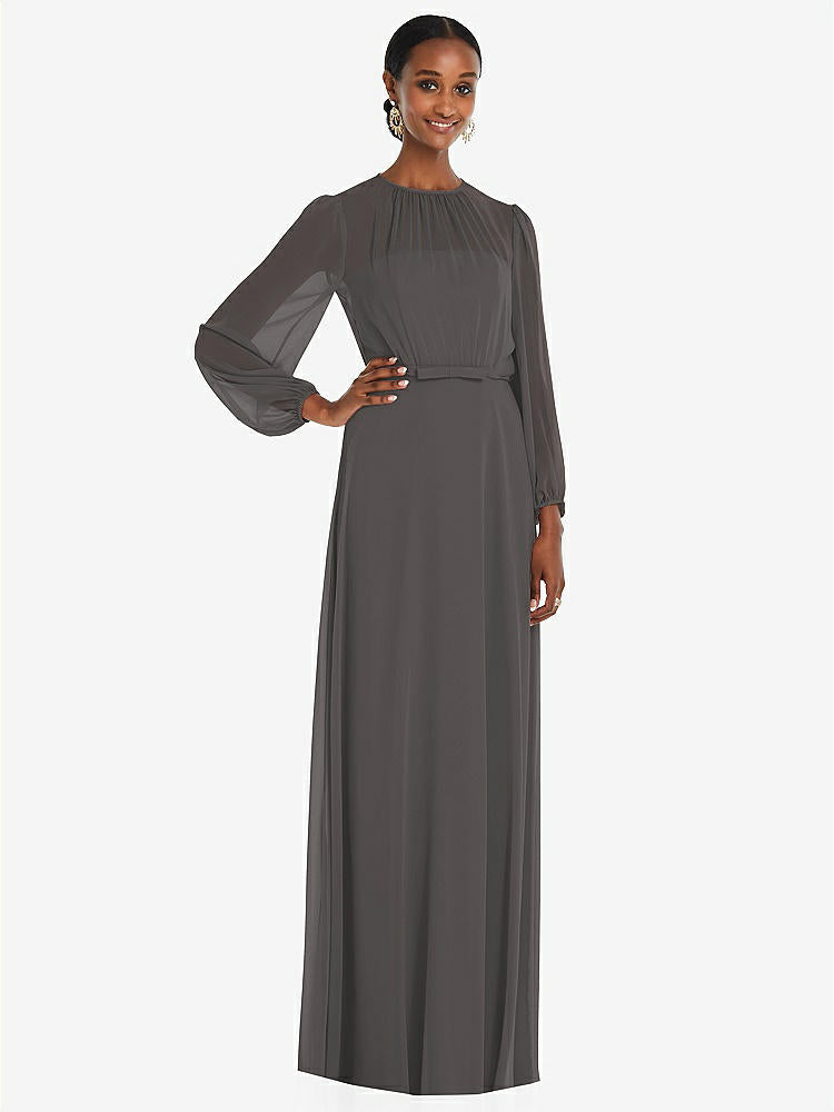 【STYLE: 3098】Strapless Chiffon Maxi Dress with Puff Sleeve Blouson Overlay 【COLOR: Caviar Gray】