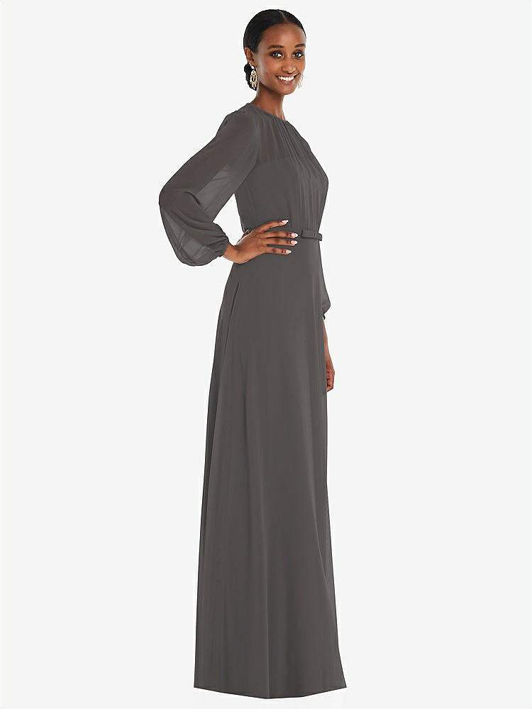 【STYLE: 3098】Strapless Chiffon Maxi Dress with Puff Sleeve Blouson Overlay 【COLOR: Caviar Gray】