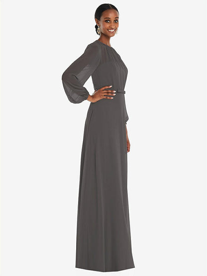 【STYLE: 3098】Strapless Chiffon Maxi Dress with Puff Sleeve Blouson Overlay 【COLOR: Caviar Gray】