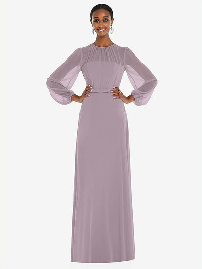 【NEW】【STYLE: 3098】ストラップレス シフォン マキシ ドレス パフ付き スリーブ ブルーソン オーバーレイ 【COLOR: Lilac Dusk】【SIZE: 00-30W】