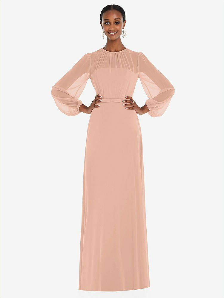 【STYLE: 3098】Strapless Chiffon Maxi Dress with Puff Sleeve Blouson Overlay 【COLOR: Pale Peach】