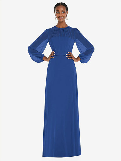 【NEW】【STYLE: 3098】ストラップレス シフォン マキシ ドレス パフ付き スリーブ ブルーソン オーバーレイ 【COLOR: Classic Blue】【SIZE: 00-30W】