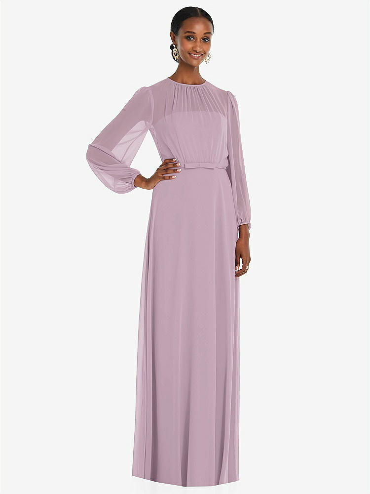 【NEW】【STYLE: 3098】ストラップレス シフォン マキシ ドレス パフ付き スリーブ ブルーソン オーバーレイ 【COLOR: Suede Rose】【SIZE: 00-30W】