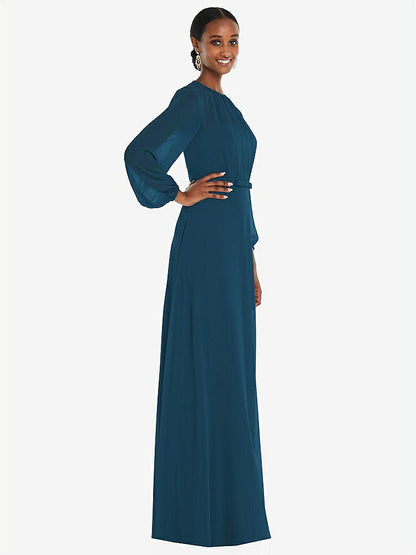 【NEW】【STYLE: 3098】ストラップレス シフォン マキシ ドレス パフ付き スリーブ ブルーソン オーバーレイ 【COLOR: Atlantic Blue】【SIZE: 00-30W】