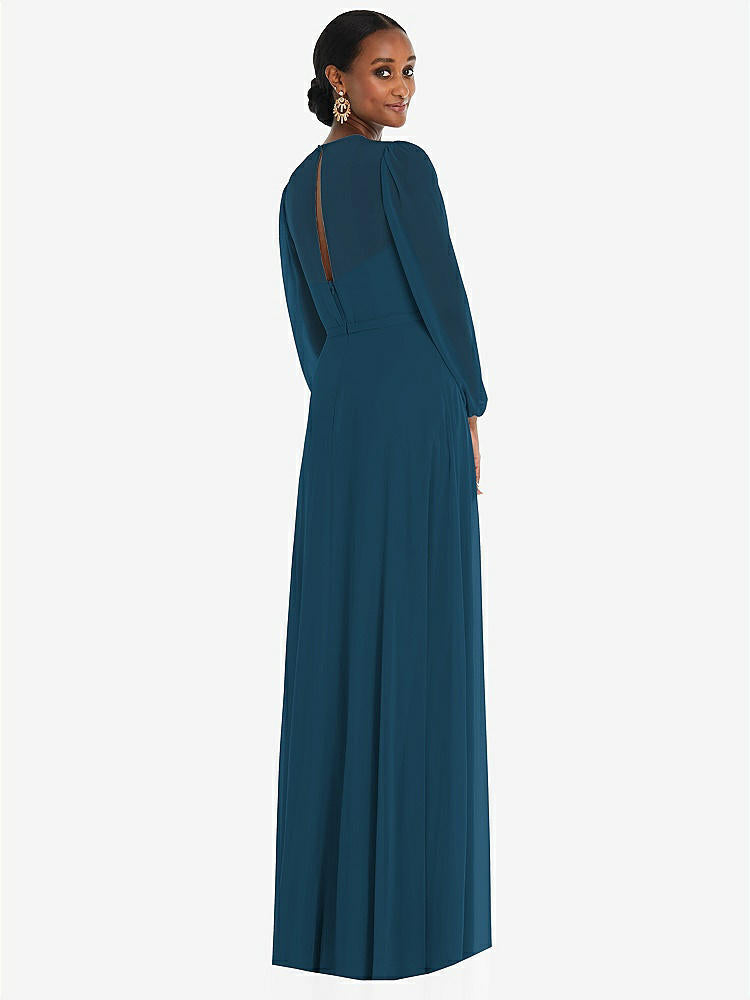 【NEW】【STYLE: 3098】ストラップレス シフォン マキシ ドレス パフ付き スリーブ ブルーソン オーバーレイ 【COLOR: Atlantic Blue】【SIZE: 00-30W】