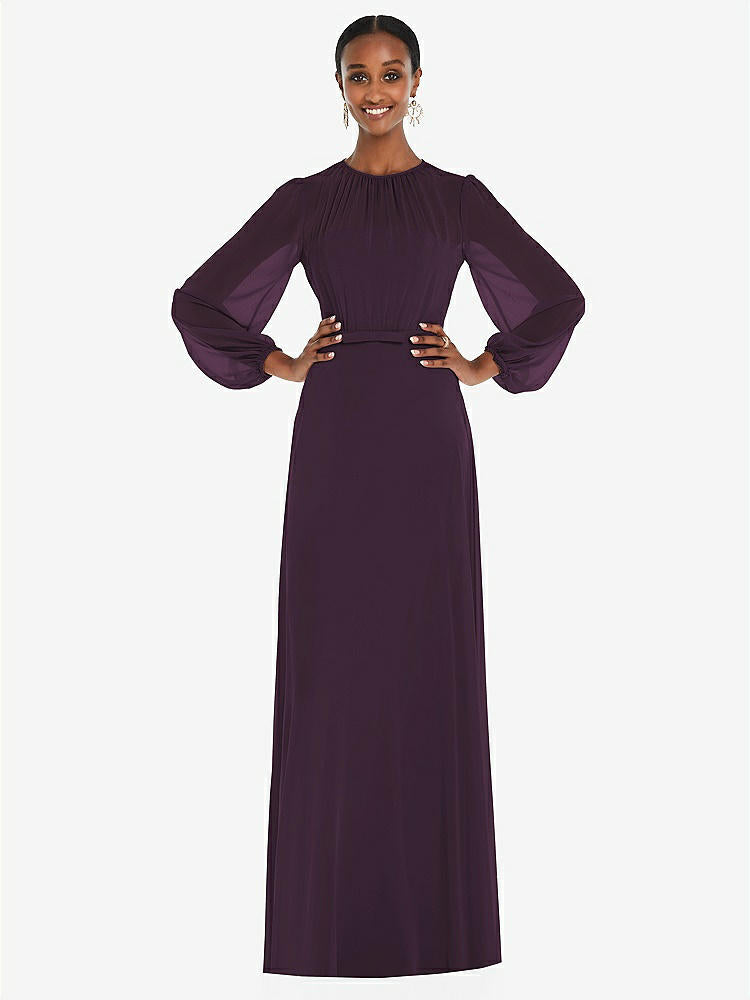 【NEW】【STYLE: 3098】ストラップレス シフォン マキシ ドレス パフ付き スリーブ ブルーソン オーバーレイ 【COLOR: Aubergine】【SIZE: 00-30W】