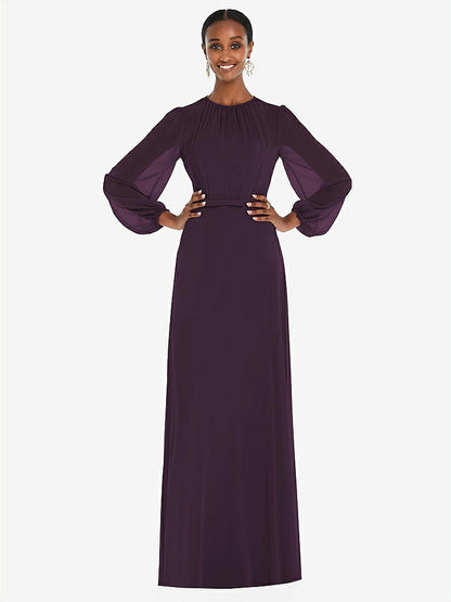 【NEW】【STYLE: 3098】ストラップレス シフォン マキシ ドレス パフ付き スリーブ ブルーソン オーバーレイ 【COLOR: Aubergine】【SIZE: 00-30W】