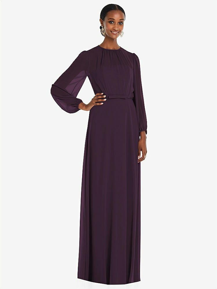 【NEW】【STYLE: 3098】ストラップレス シフォン マキシ ドレス パフ付き スリーブ ブルーソン オーバーレイ 【COLOR: Aubergine】【SIZE: 00-30W】