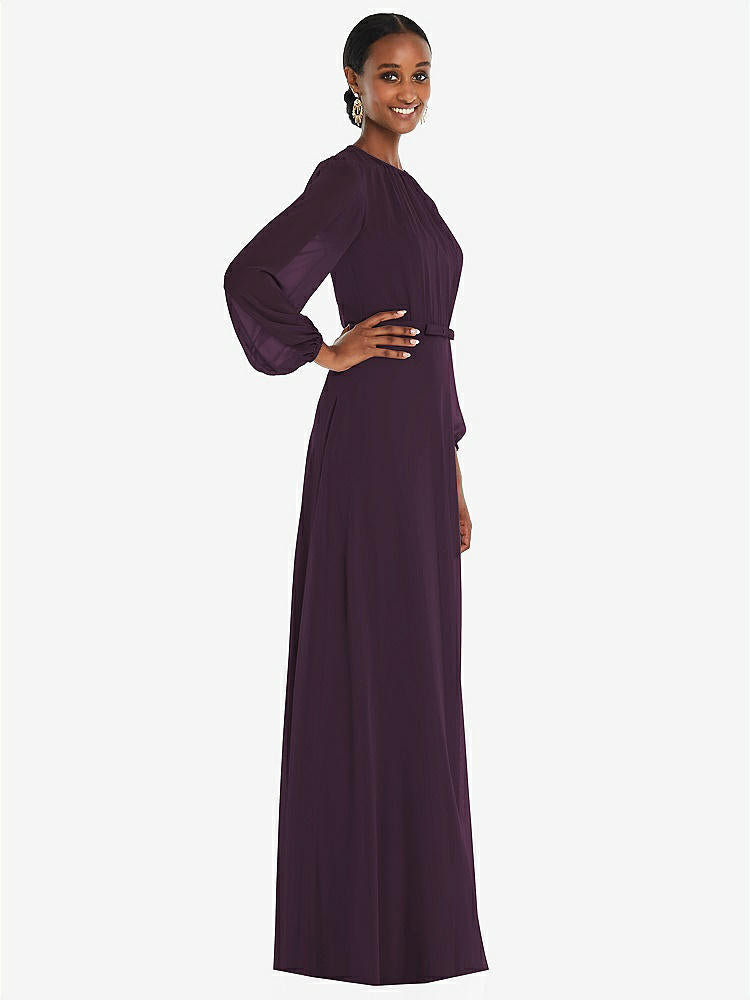 【NEW】【STYLE: 3098】ストラップレス シフォン マキシ ドレス パフ付き スリーブ ブルーソン オーバーレイ 【COLOR: Aubergine】【SIZE: 00-30W】