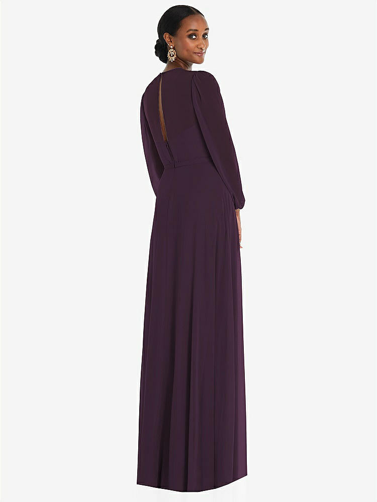 【NEW】【STYLE: 3098】ストラップレス シフォン マキシ ドレス パフ付き スリーブ ブルーソン オーバーレイ 【COLOR: Aubergine】【SIZE: 00-30W】