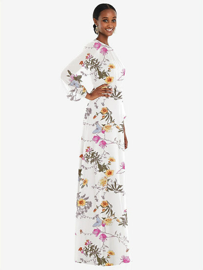 【STYLE: 3098】Strapless Chiffon Maxi Dress with Puff Sleeve Blouson Overlay 【COLOR: Butterfly Botanica Ivory】