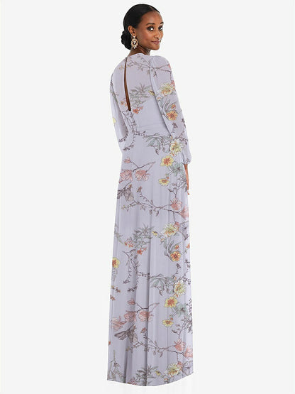 【STYLE: 3098】Strapless Chiffon Maxi Dress with Puff Sleeve Blouson Overlay 【COLOR: Butterfly Botanica Silver Dove】
