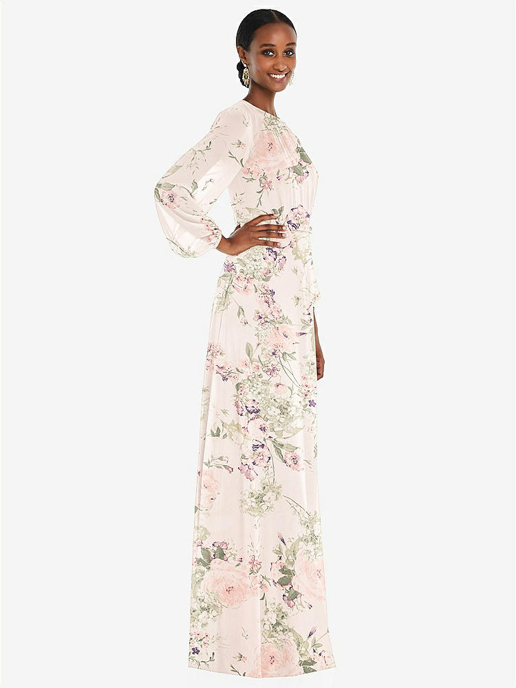 【STYLE: 3098】Strapless Chiffon Maxi Dress with Puff Sleeve Blouson Overlay 【COLOR: Blush Garden】