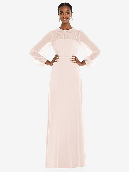 【STYLE: 3098】Strapless Chiffon Maxi Dress with Puff Sleeve Blouson Overlay 【COLOR: Blush】