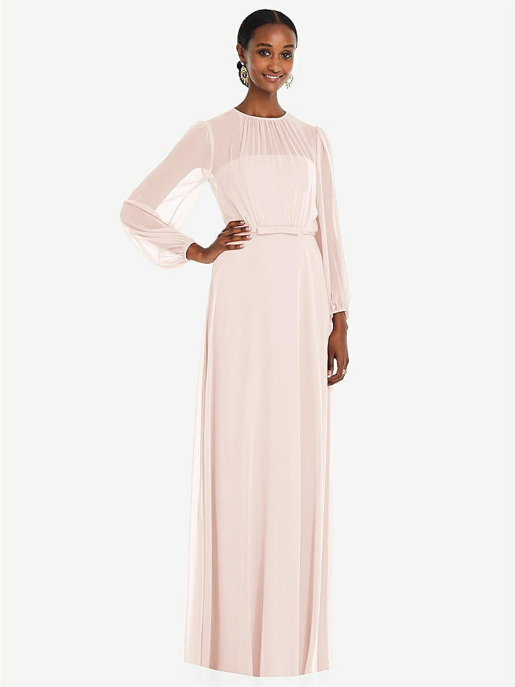 【NEW】【STYLE: 3098】ストラップレス シフォン マキシ ドレス パフ付き スリーブ ブルーソン オーバーレイ 【COLOR: Blush】【SIZE: 00-30W】