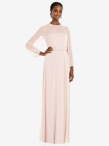 【STYLE: 3098】Strapless Chiffon Maxi Dress with Puff Sleeve Blouson Overlay 【COLOR: Blush】