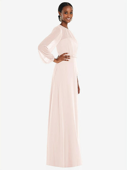 【STYLE: 3098】Strapless Chiffon Maxi Dress with Puff Sleeve Blouson Overlay 【COLOR: Blush】