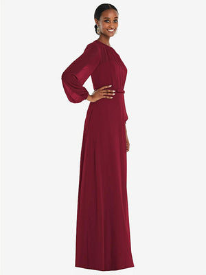 【STYLE: 3098】Strapless Chiffon Maxi Dress with Puff Sleeve Blouson Overlay 【COLOR: Burgundy】