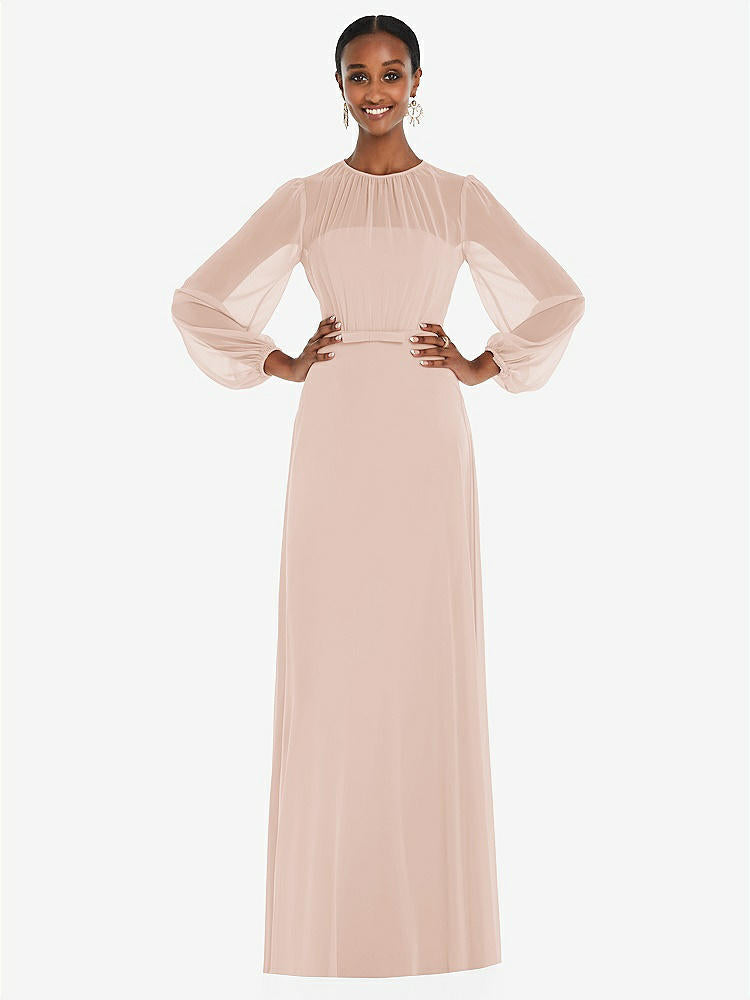【STYLE: 3098】Strapless Chiffon Maxi Dress with Puff Sleeve Blouson Overlay 【COLOR: Cameo】