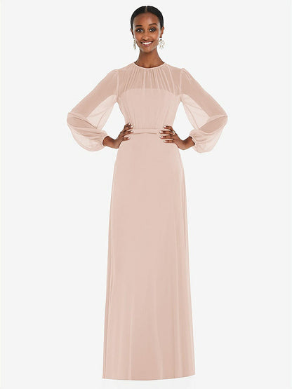 【STYLE: 3098】Strapless Chiffon Maxi Dress with Puff Sleeve Blouson Overlay 【COLOR: Cameo】