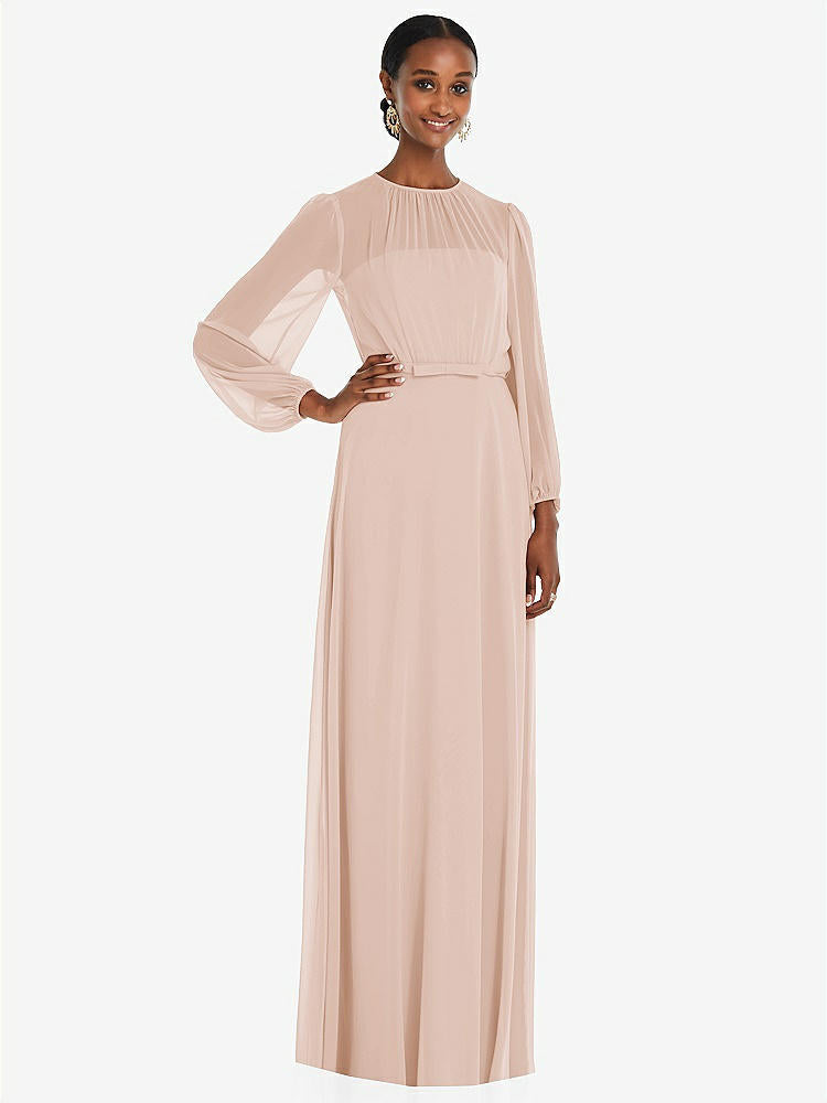 【STYLE: 3098】Strapless Chiffon Maxi Dress with Puff Sleeve Blouson Overlay 【COLOR: Cameo】