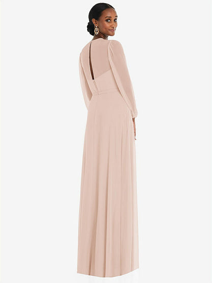 【STYLE: 3098】Strapless Chiffon Maxi Dress with Puff Sleeve Blouson Overlay 【COLOR: Cameo】