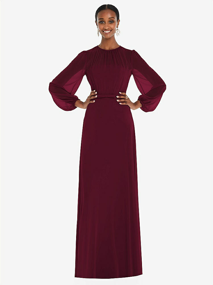 【STYLE: 3098】Strapless Chiffon Maxi Dress with Puff Sleeve Blouson Overlay 【COLOR: Cabernet】
