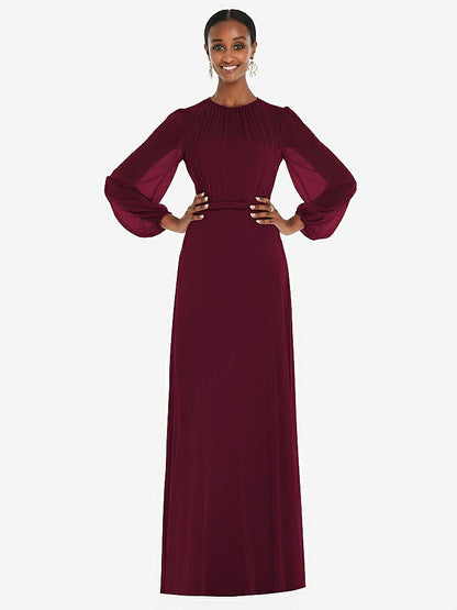 【STYLE: 3098】Strapless Chiffon Maxi Dress with Puff Sleeve Blouson Overlay 【COLOR: Cabernet】