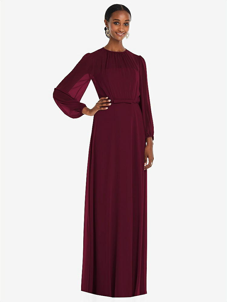 【STYLE: 3098】Strapless Chiffon Maxi Dress with Puff Sleeve Blouson Overlay 【COLOR: Cabernet】