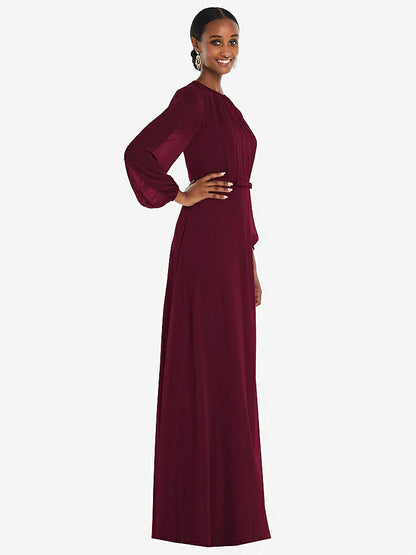 【STYLE: 3098】Strapless Chiffon Maxi Dress with Puff Sleeve Blouson Overlay 【COLOR: Cabernet】