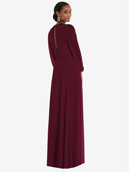 【STYLE: 3098】Strapless Chiffon Maxi Dress with Puff Sleeve Blouson Overlay 【COLOR: Cabernet】