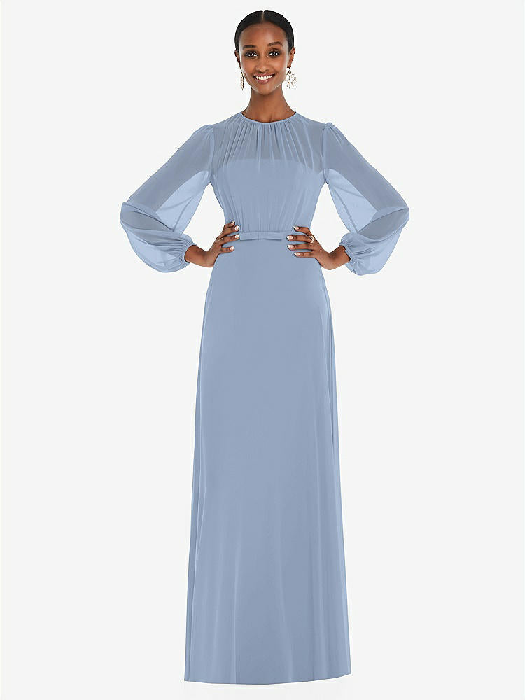 【NEW】【STYLE: 3098】ストラップレス シフォン マキシ ドレス パフ付き スリーブ ブルーソン オーバーレイ 【COLOR: Cloudy】【SIZE: 00-30W】