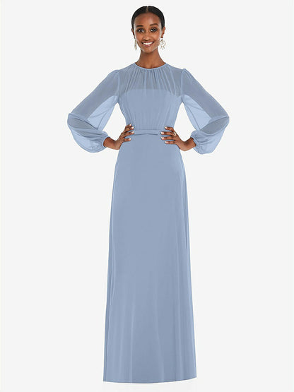 【NEW】【STYLE: 3098】ストラップレス シフォン マキシ ドレス パフ付き スリーブ ブルーソン オーバーレイ 【COLOR: Cloudy】【SIZE: 00-30W】