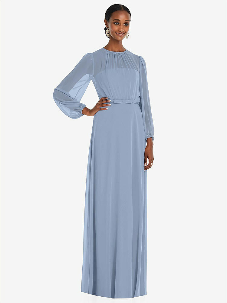 【NEW】【STYLE: 3098】ストラップレス シフォン マキシ ドレス パフ付き スリーブ ブルーソン オーバーレイ 【COLOR: Cloudy】【SIZE: 00-30W】