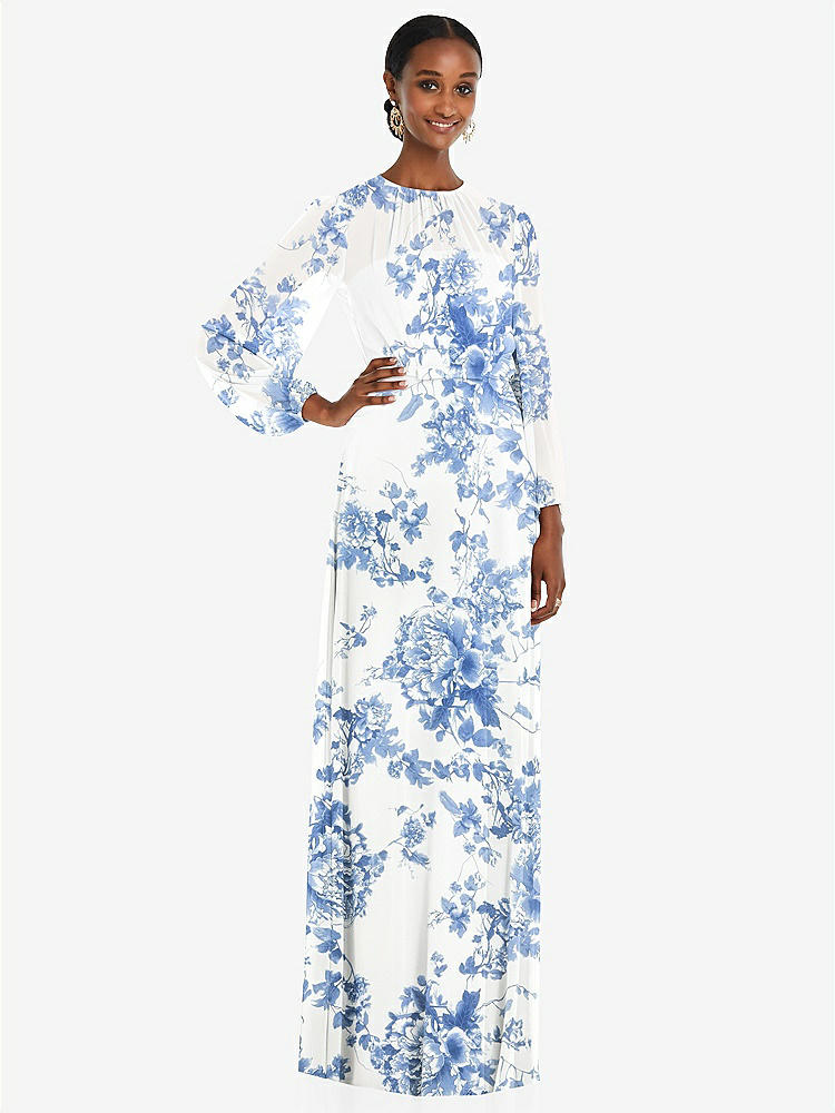 【NEW】【STYLE: 3098】ストラップレス シフォン マキシ ドレス パフ付き スリーブ ブルーソン オーバーレイ 【COLOR: Cottage Rose Dusk Blue】【SIZE: 00-30W】