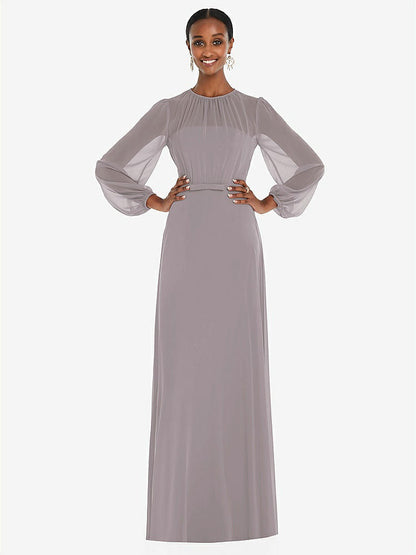 【STYLE: 3098】Strapless Chiffon Maxi Dress with Puff Sleeve Blouson Overlay 【COLOR: Cashmere Gray】