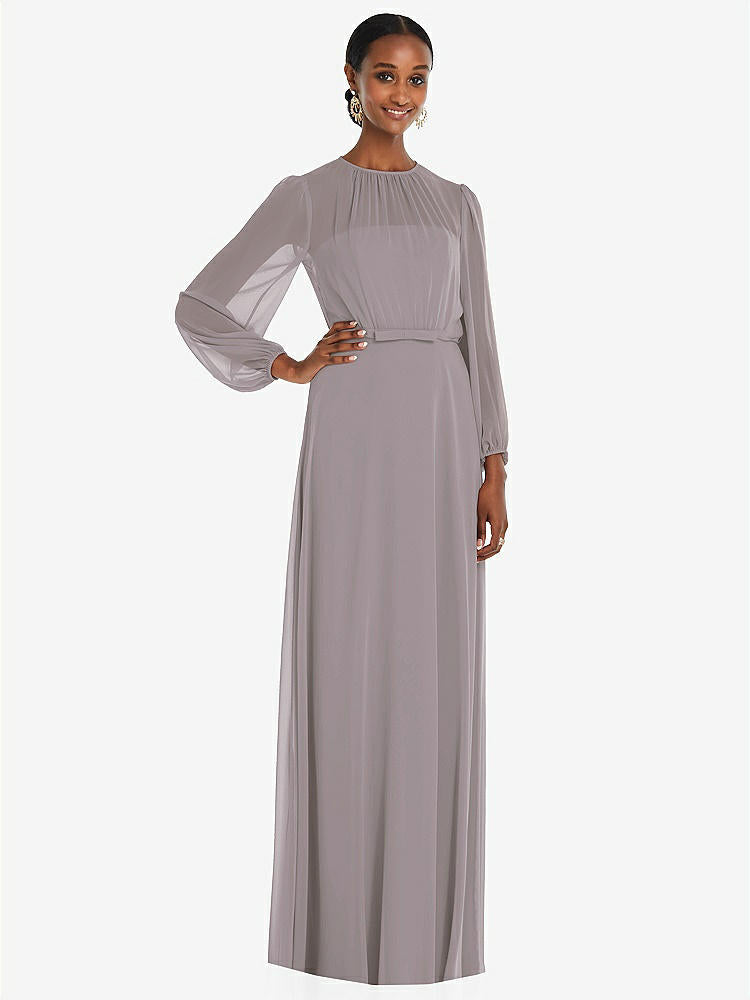 【STYLE: 3098】Strapless Chiffon Maxi Dress with Puff Sleeve Blouson Overlay 【COLOR: Cashmere Gray】