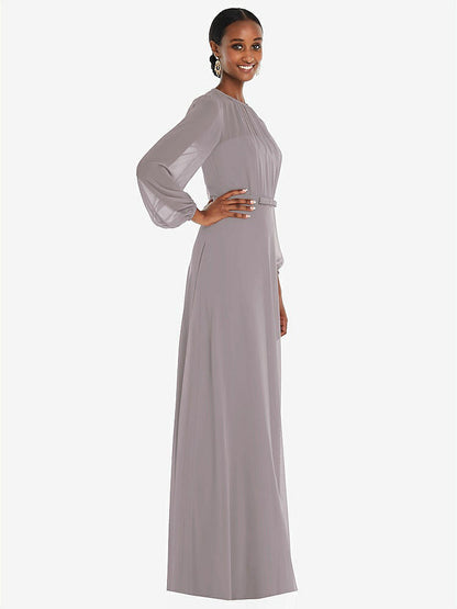 【STYLE: 3098】Strapless Chiffon Maxi Dress with Puff Sleeve Blouson Overlay 【COLOR: Cashmere Gray】
