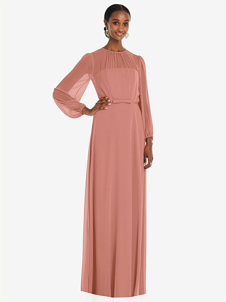 【NEW】【STYLE: 3098】ストラップレス シフォン マキシ ドレス パフ付き スリーブ ブルーソン オーバーレイ 【COLOR: Desert Rose】【SIZE: 00-30W】
