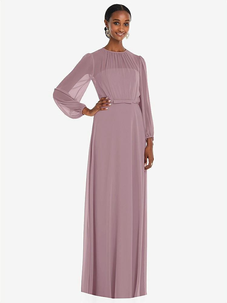 【NEW】【STYLE: 3098】ストラップレス シフォン マキシ ドレス パフ付き スリーブ ブルーソン オーバーレイ 【COLOR: Dusty Rose】【SIZE: 00-30W】