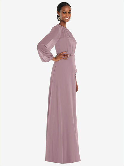 【NEW】【STYLE: 3098】ストラップレス シフォン マキシ ドレス パフ付き スリーブ ブルーソン オーバーレイ 【COLOR: Dusty Rose】【SIZE: 00-30W】