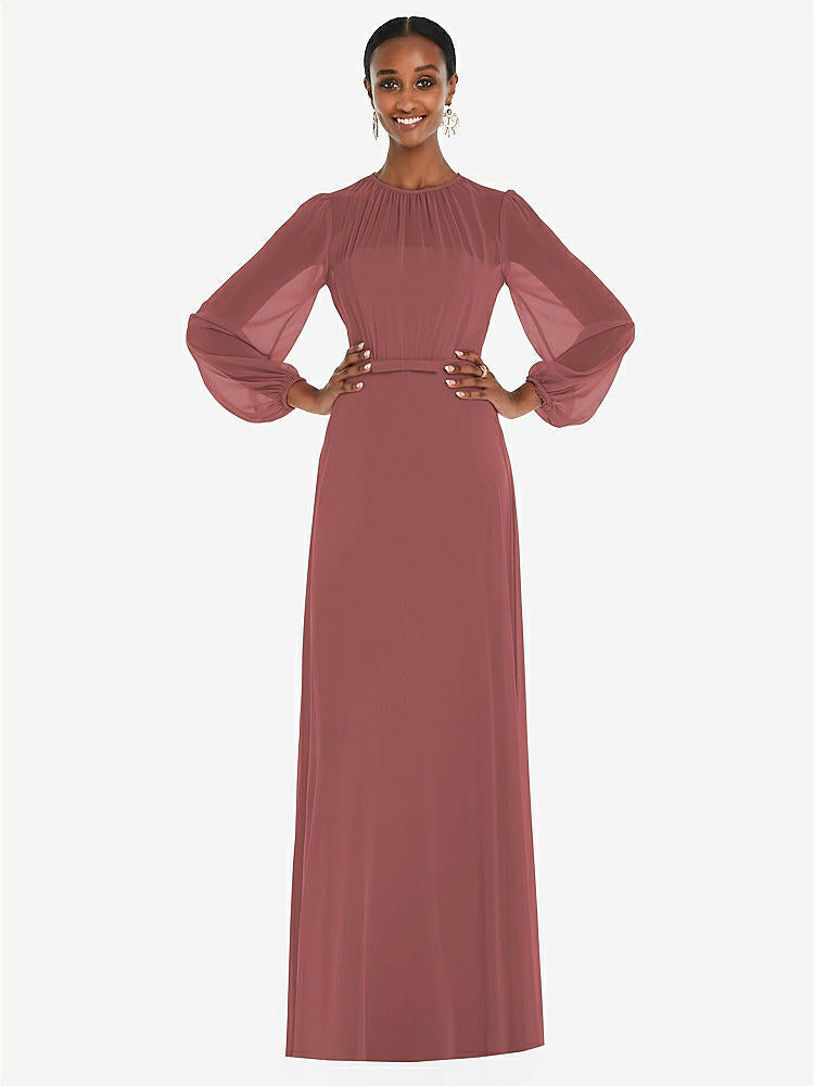 【STYLE: 3098】Strapless Chiffon Maxi Dress with Puff Sleeve Blouson Overlay 【COLOR: English Rose】