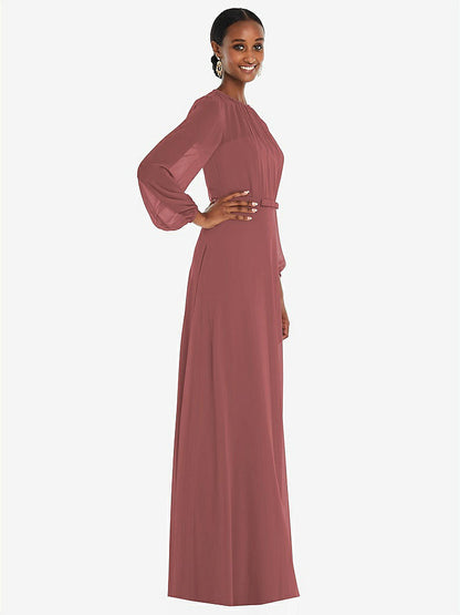 【STYLE: 3098】Strapless Chiffon Maxi Dress with Puff Sleeve Blouson Overlay 【COLOR: English Rose】