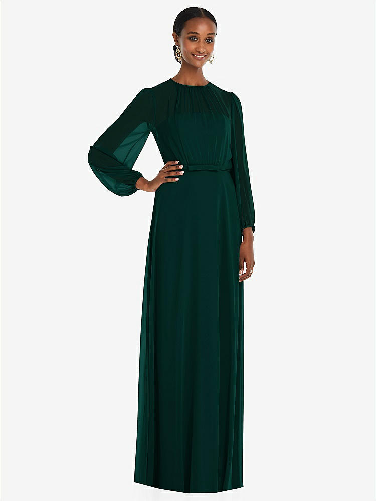 【STYLE: 3098】Strapless Chiffon Maxi Dress with Puff Sleeve Blouson Overlay 【COLOR: Evergreen】