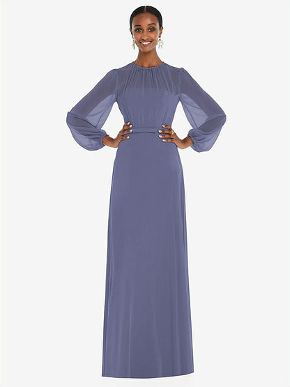 【NEW】【STYLE: 3098】ストラップレス シフォン マキシ ドレス パフ付き スリーブ ブルーソン オーバーレイ 【COLOR: French Blue】【SIZE: 00-30W】