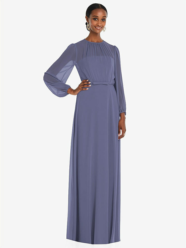 【NEW】【STYLE: 3098】ストラップレス シフォン マキシ ドレス パフ付き スリーブ ブルーソン オーバーレイ 【COLOR: French Blue】【SIZE: 00-30W】